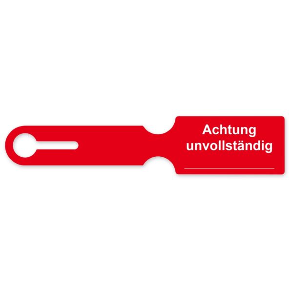 Siebkorbanhänger, Farbe: rot, AUFDRUCK: ACHTUNG UNVOLLSTÄNDIG