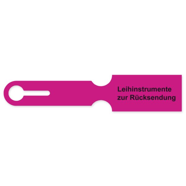 Siebkorbanhänger aus Kunststoff, mit Aufdruck, zum Einmalgebrauch, pink – „Leihinstrumente zur Rücksendung“ – 240 x 50 mm