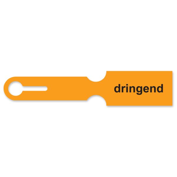 Siebkorbanhänger, Farbe: orange, mit Aufdruck: „dringend“