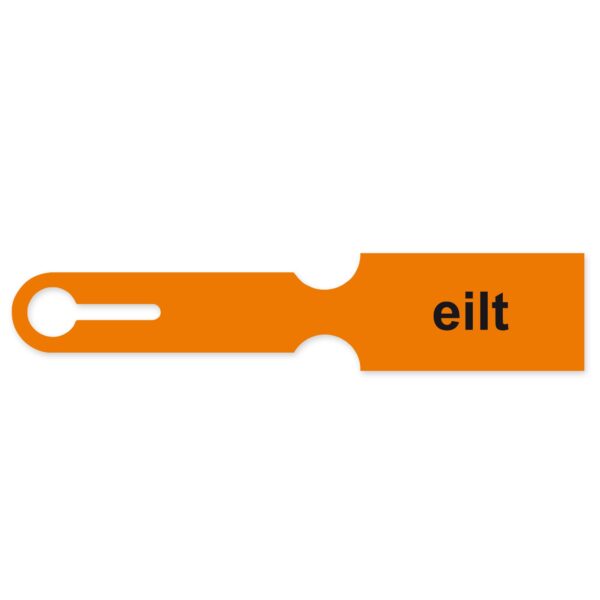 Siebkorbanhänger, Farbe: orange, mit Aufdruck: „eilt“, Format: 240 x 50 mm, hitzebeständig bis 134 °C