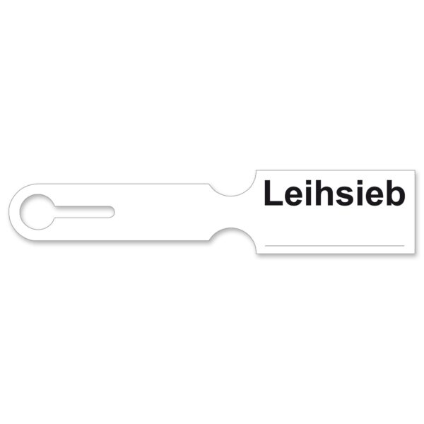 Siebkorbanhänger, Farbe: weiß, mit Aufdruck: „Leihsieb“,
