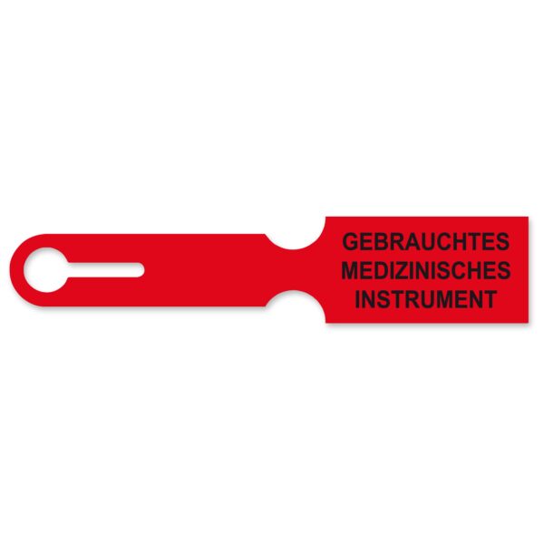 Siebkorbanhänger, Farbe: rot, Aufdruck: "GEBRAUCHTES MEDIZINISCHES INSTRUMENT"